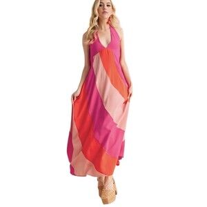 aemi co Color Block Sleeveless Maxi Dress Pink Orange Size Small